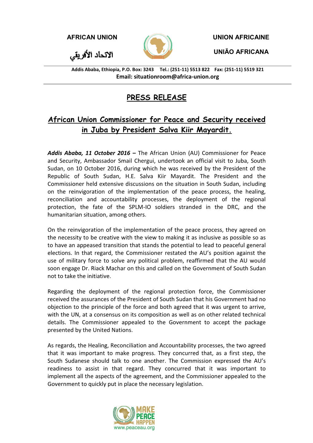 Press Release: African Union Commissioner for Peace And