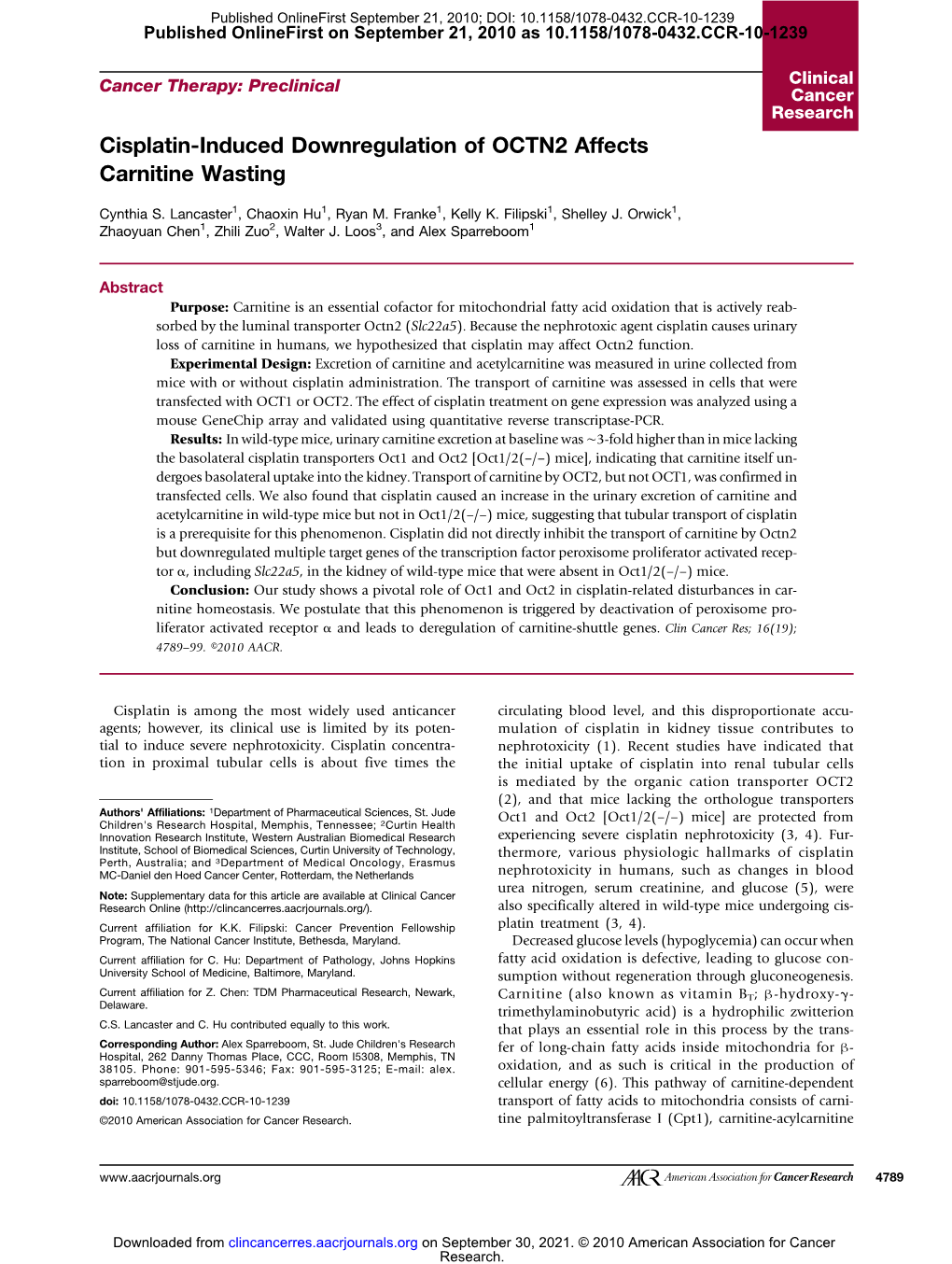 Cisplatin-Induced Downregulation of OCTN2 Affects Carnitine Wasting