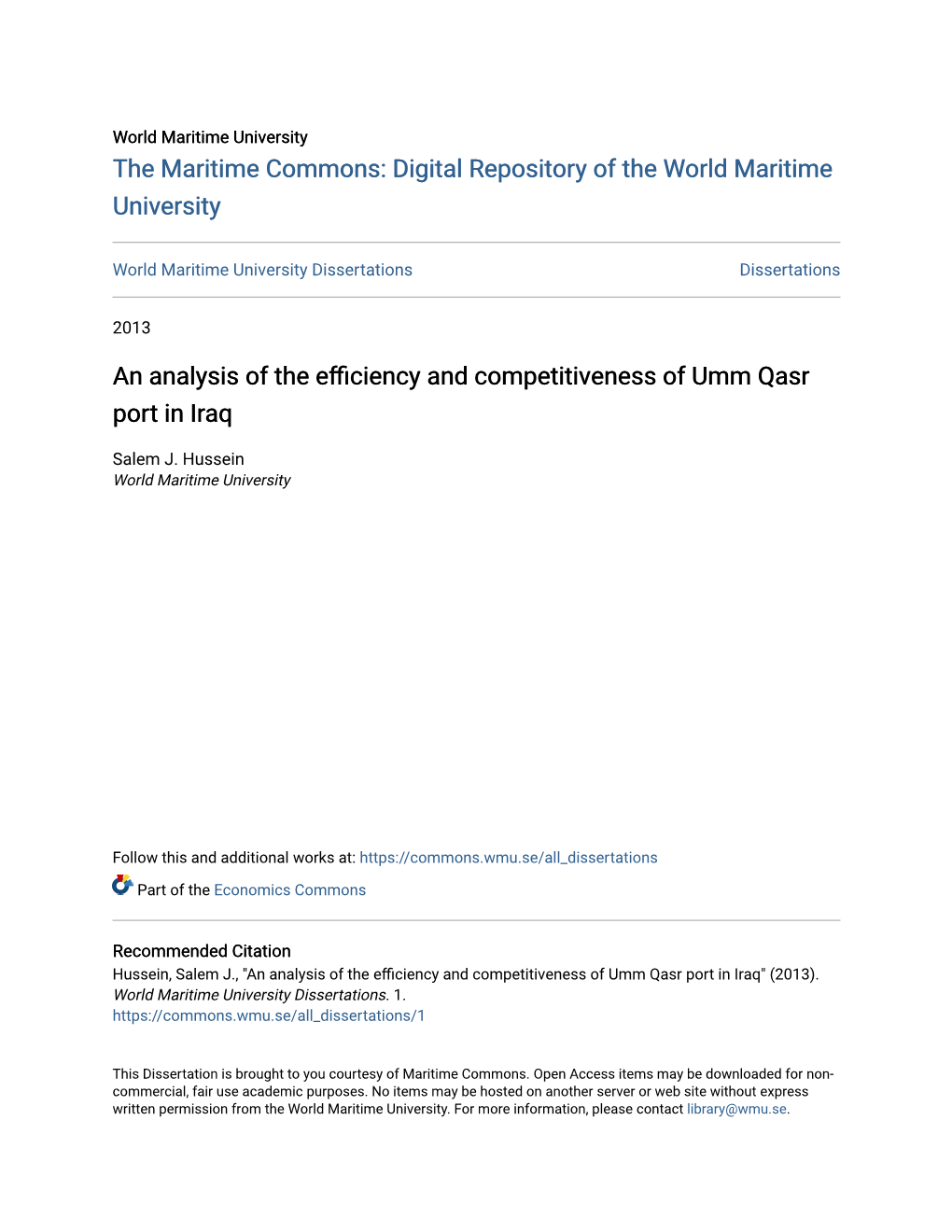 An Analysis of the Efficiency and Competitiveness of Umm Qasr Port in Iraq