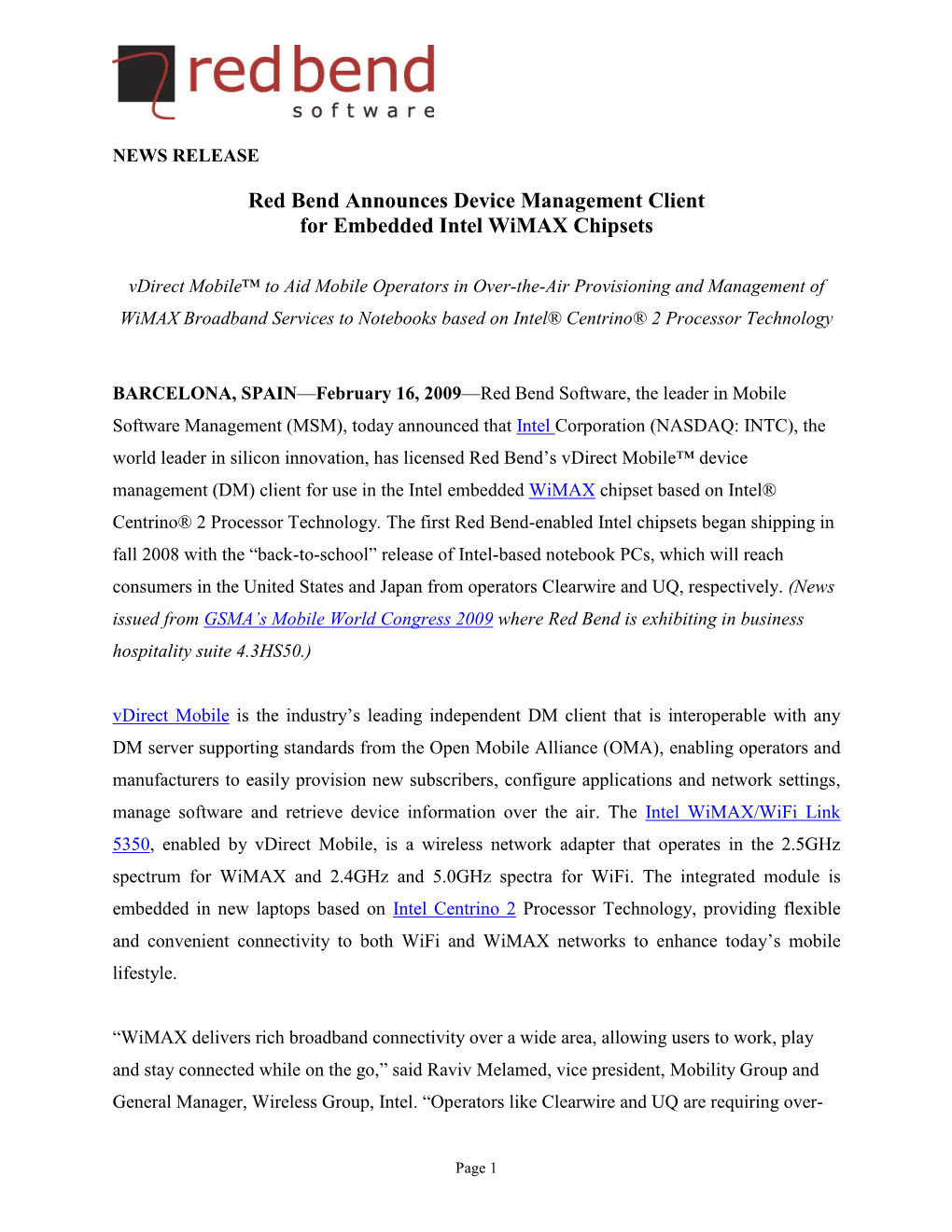 Red Bend Announces Device Management Client for Embedded Intel Wimax Chipsets