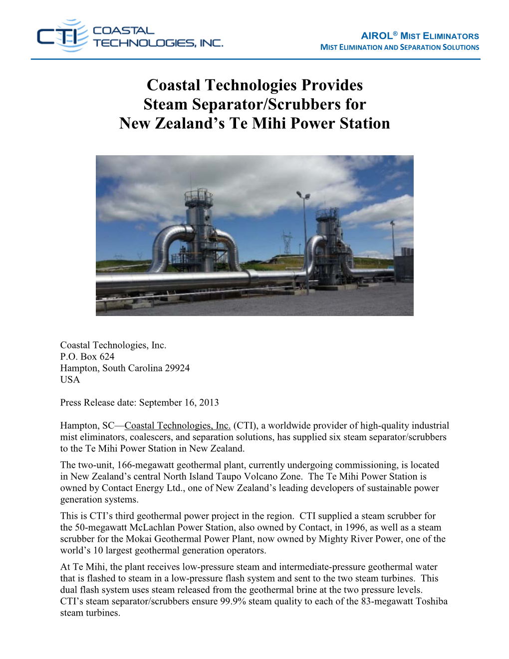 Coastal Technologies Provides Steam Separator/Scrubbers for New Zealand's Te Mihi Power Station