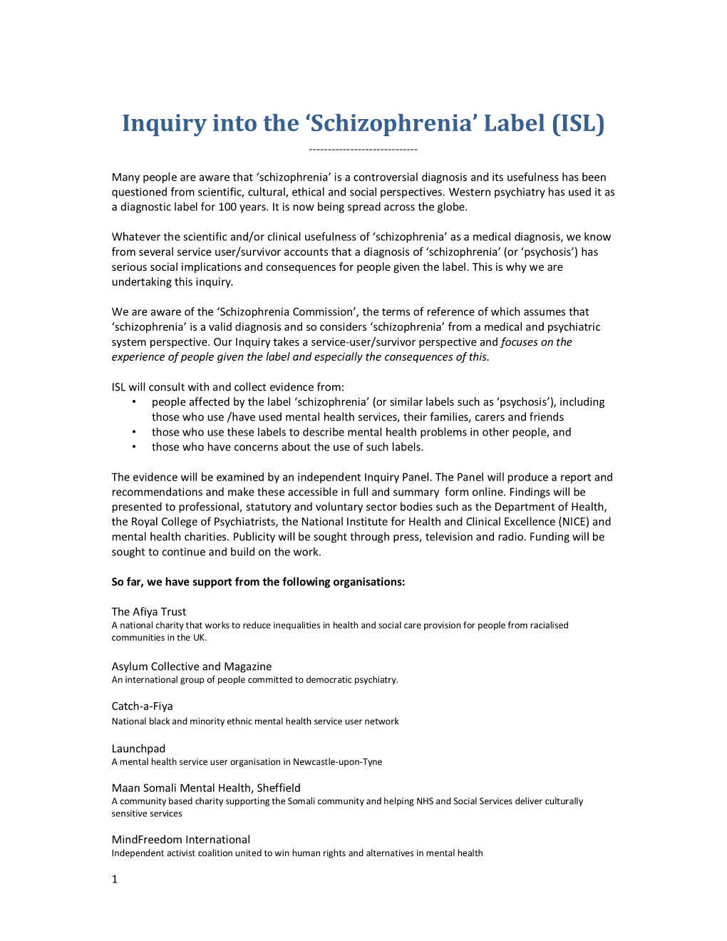 Inquiry Into the 'Schizophrenia' Label (ISL)