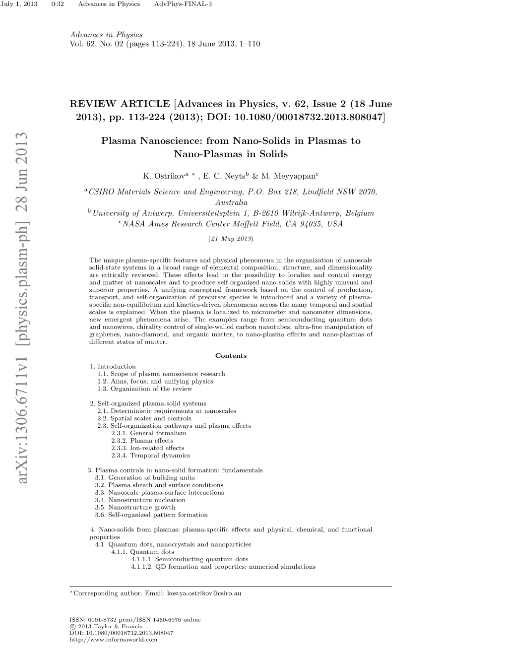 Plasma Nanoscience: from Nano-Solids in Plasmas to Nano