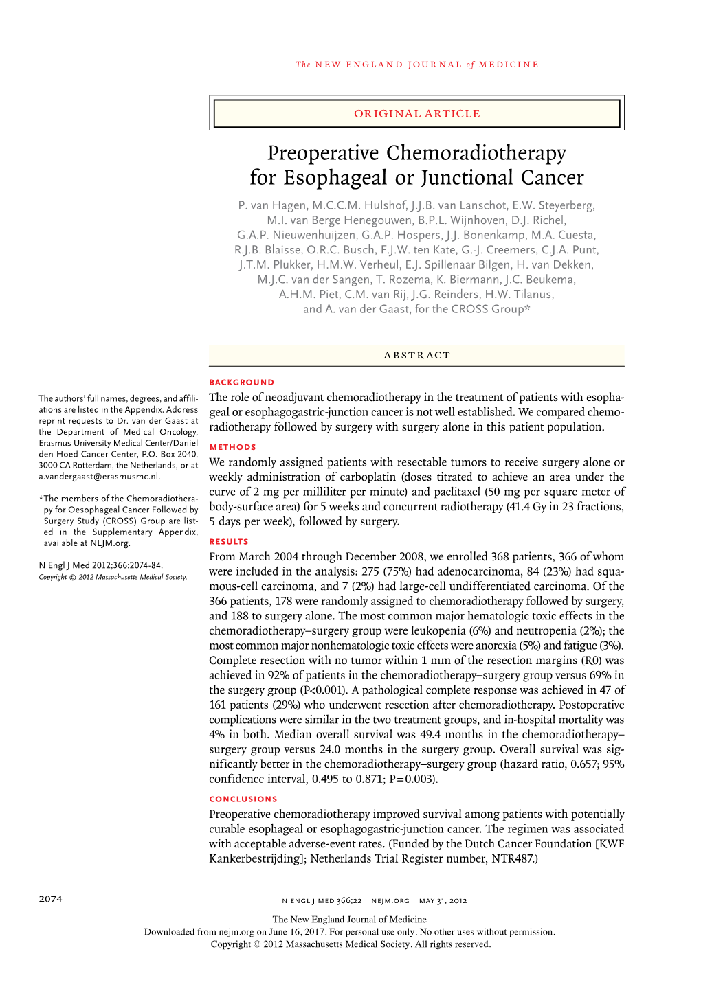 Preoperative Chemoradiotherapy for Esophageal Or Junctional Cancer P