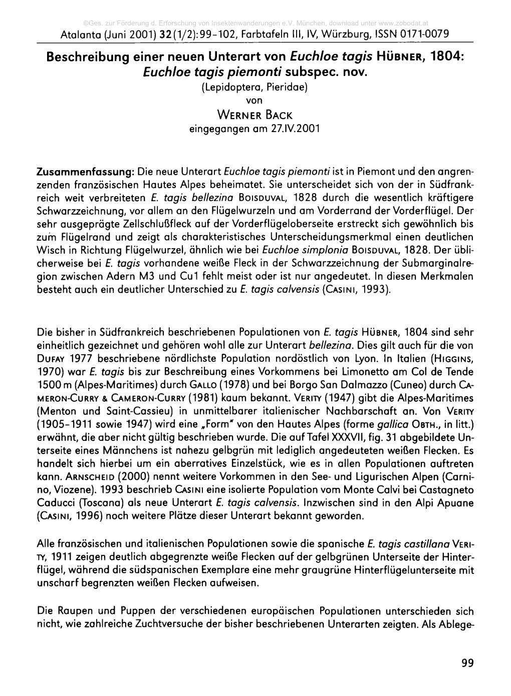 Beschreibung Einer Neuen Unterart Von Euchloe Tagis Hübner , 1804: Euchloe Tagis Piemonti Subspec