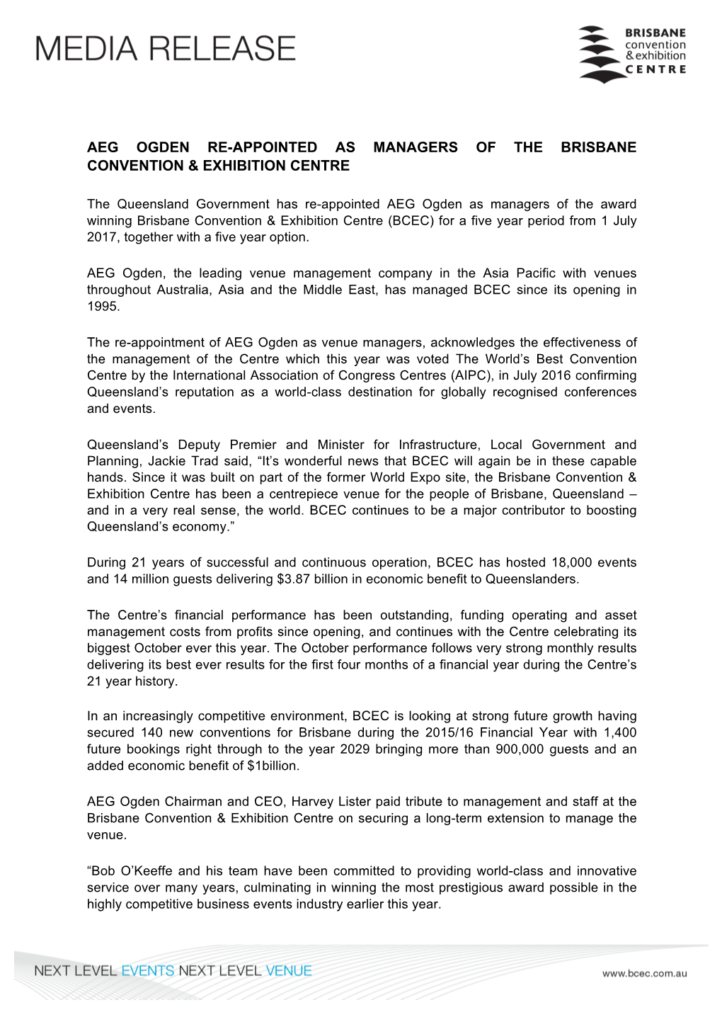 Aeg Ogden Re-Appointed As Managers of the Brisbane Convention & Exhibition Centre