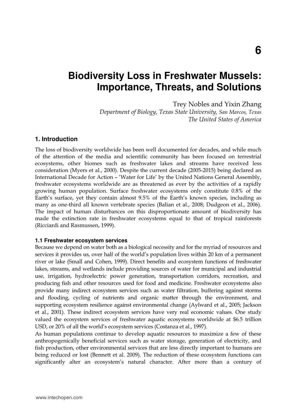 Biodiversity Loss in Freshwater Mussels: Importance, Threats, and Solutions