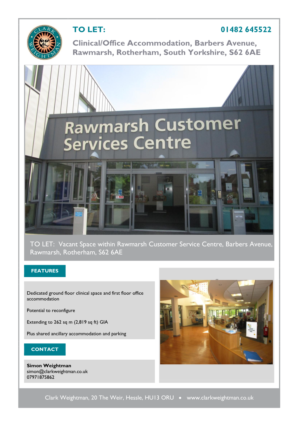 01482 645522 Clinical/Office Accommodation, Barbers Avenue, Rawmarsh, Rotherham, South Yorkshire, S62 6AE