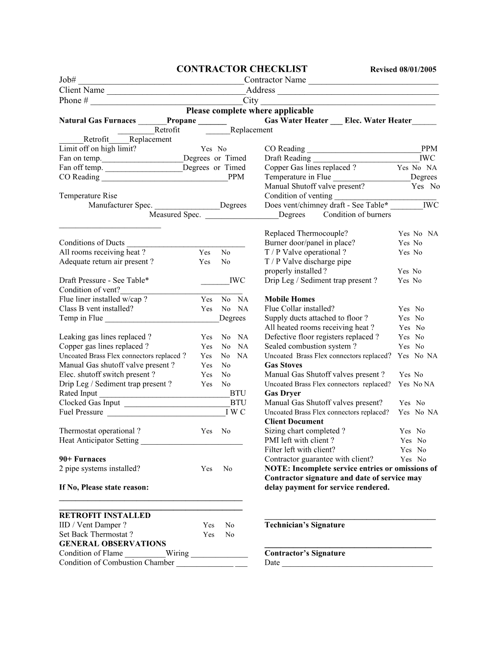 CONTRACTOR CHECKLIST Revised 08/01/2005