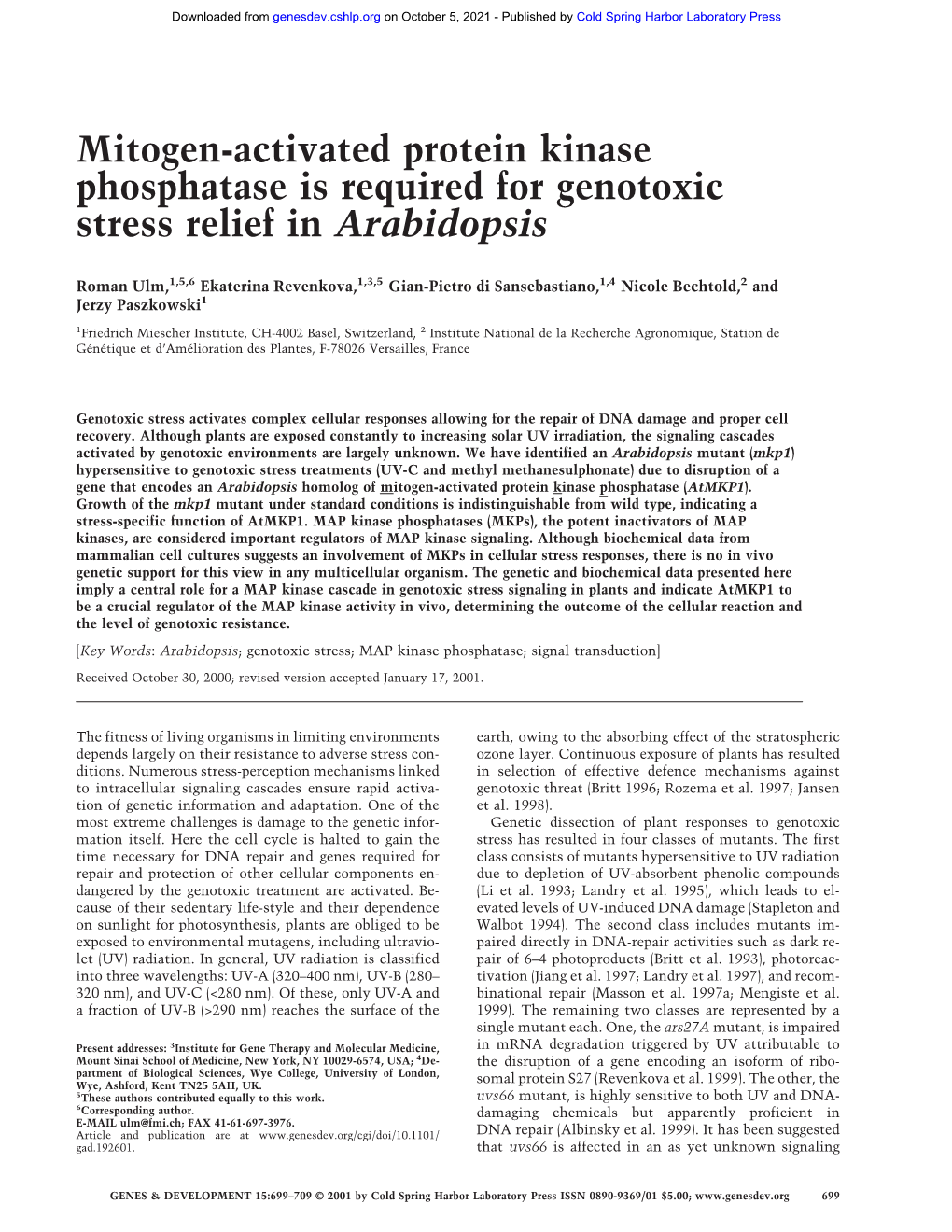 Mitogen-Activated Protein Kinase Phosphatase Is Required for Genotoxic Stress Relief in Arabidopsis