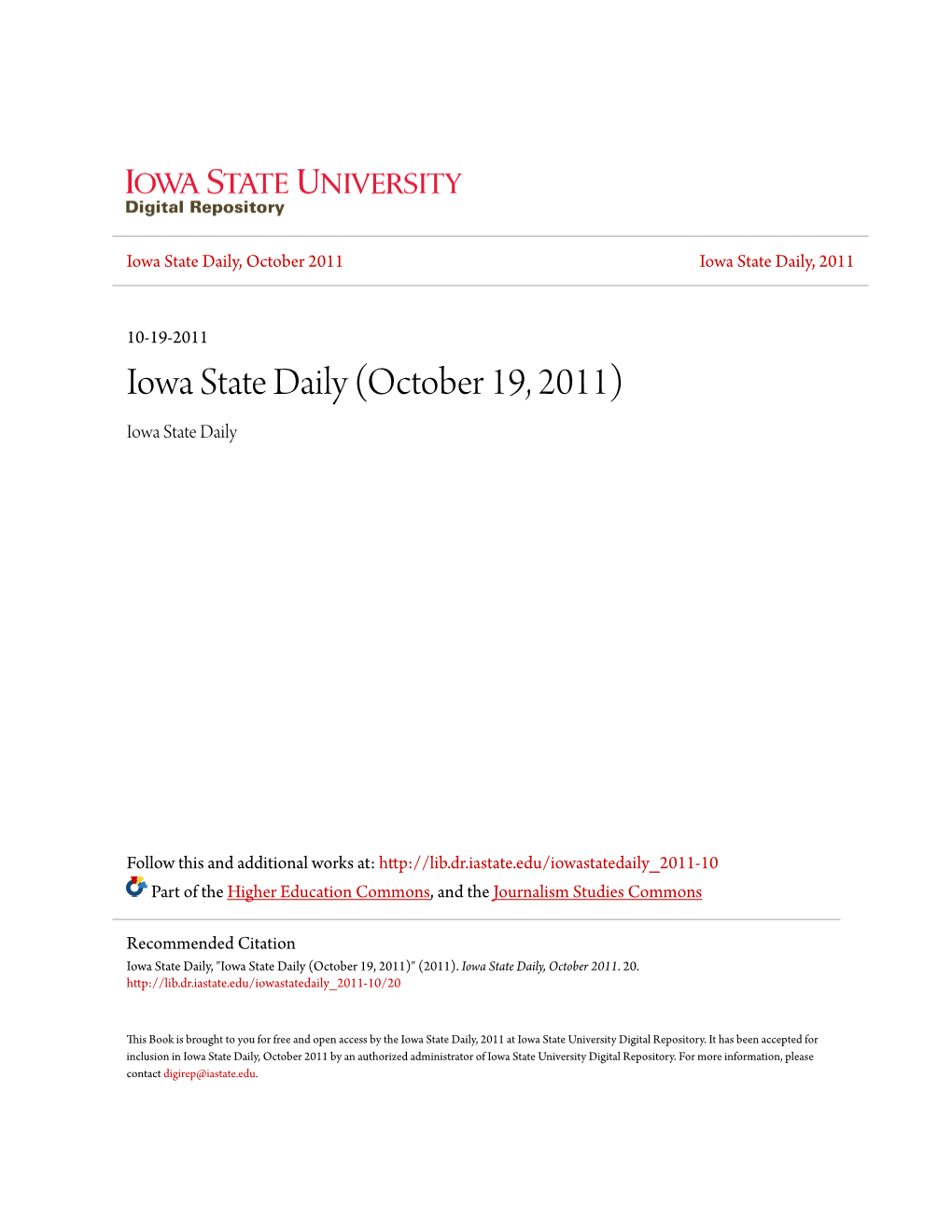 Iowa State Daily (October 19, 2011) Iowa State Daily