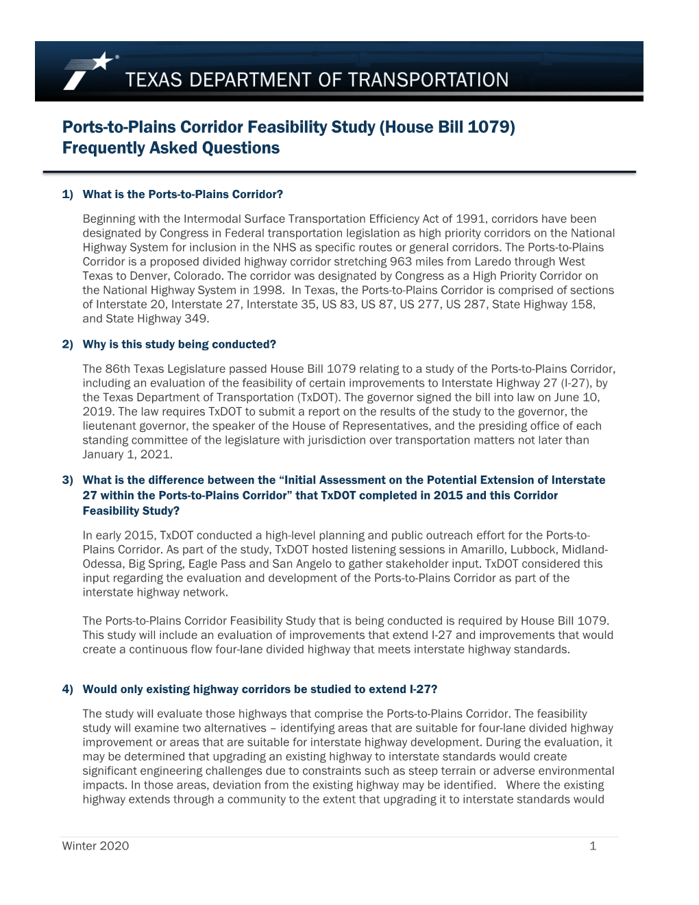 Ports-To-Plains Corridor Feasibility Study (House Bill 1079) Frequently Asked Questions