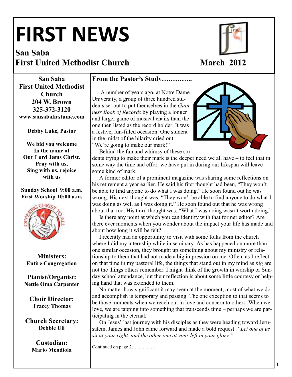 FIRST NEWS San Saba First United Methodist Church March 2012