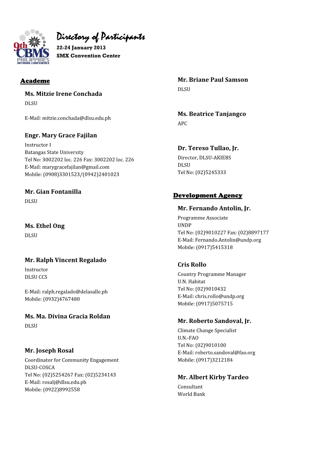 Directory of Participants 22-24 January 2013 SMX Convention Center