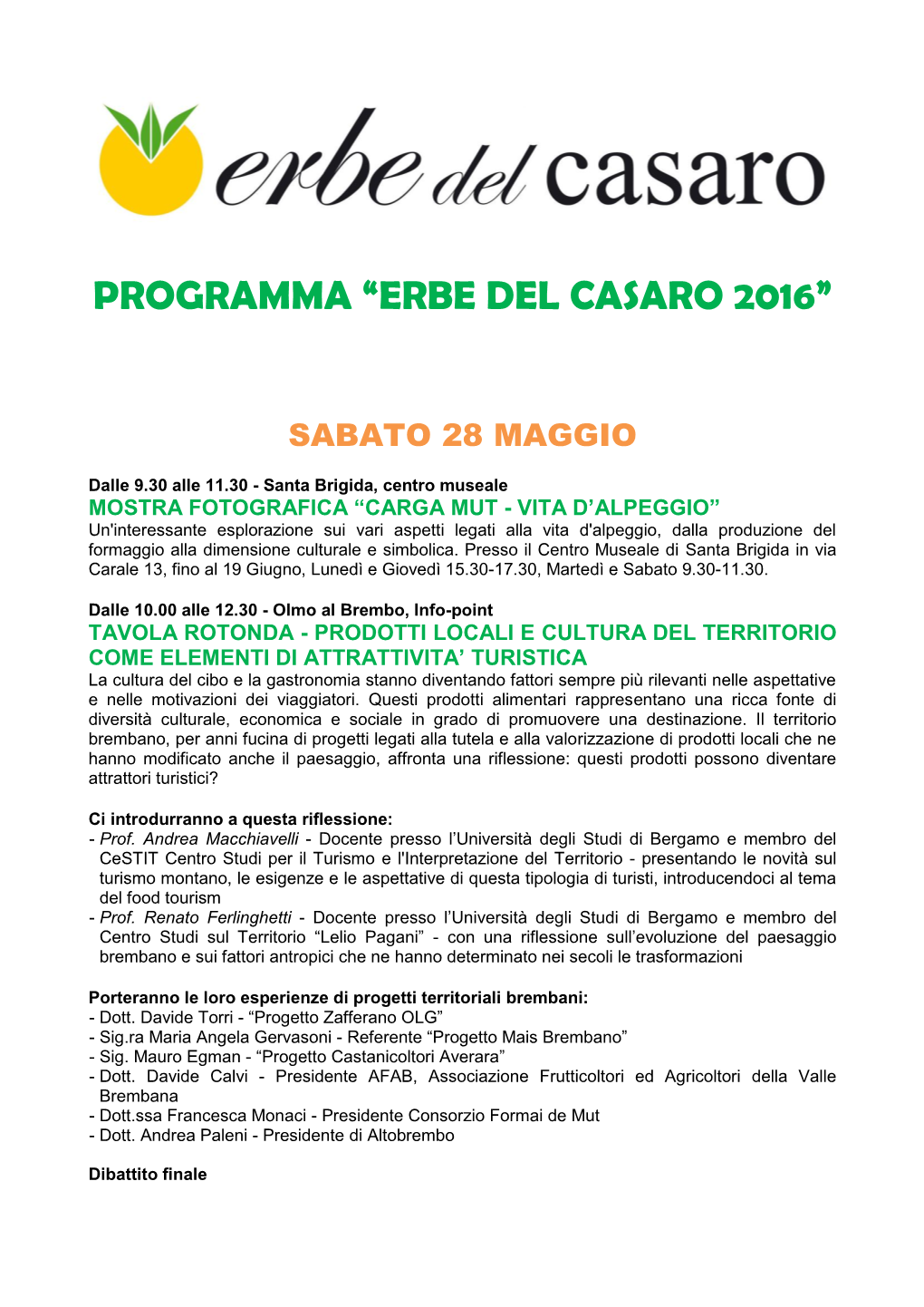 Programma “Erbe Del Casaro 2016”