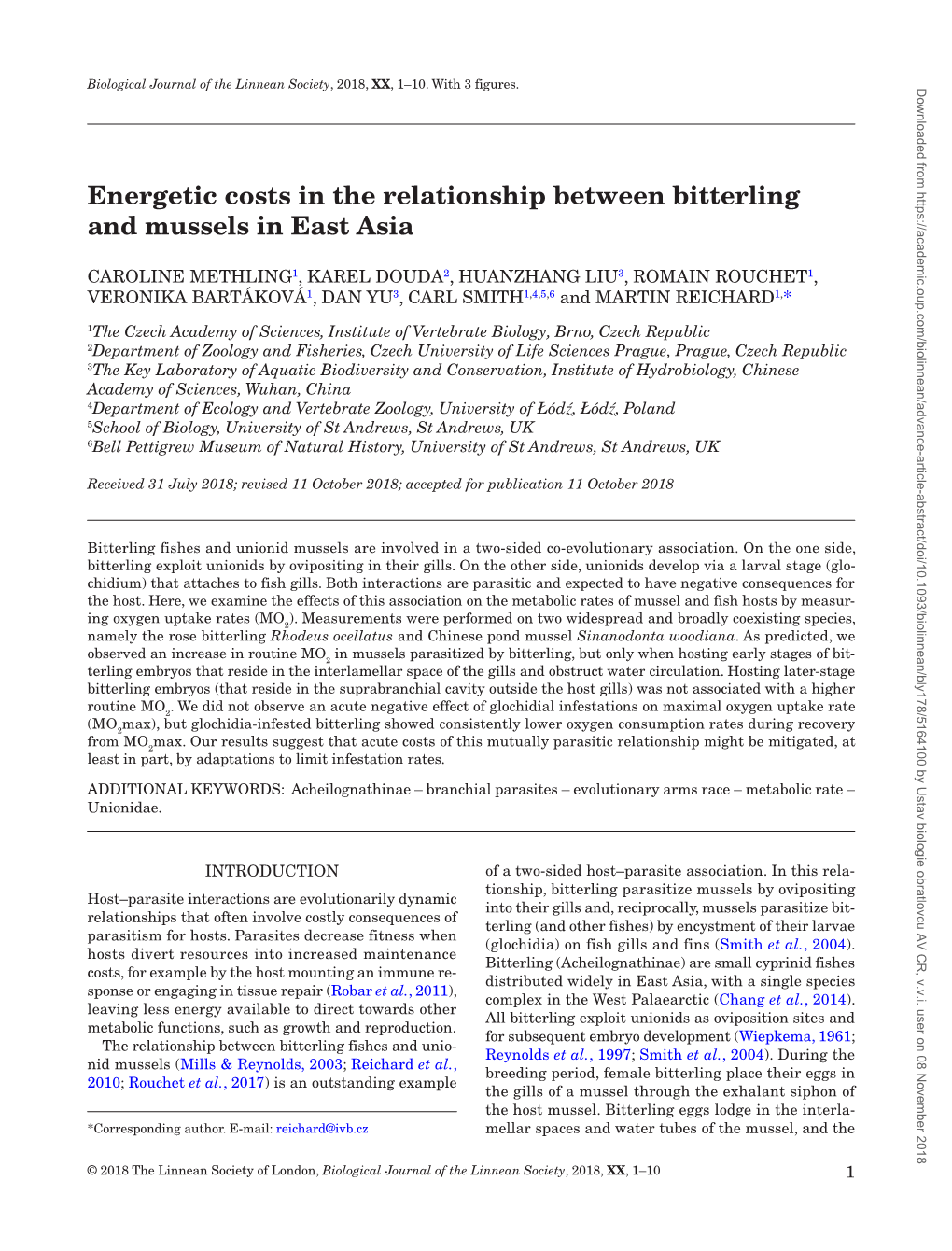 Energetic Costs in the Relationship Between Bitterling and Mussels in East Asia