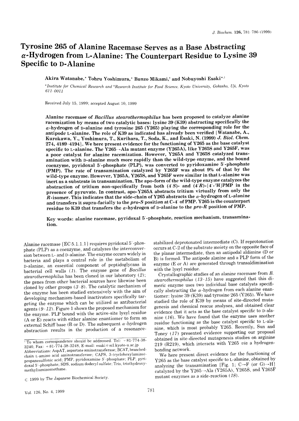 Tyrosine 265 of Alanine Racemase Serves As a Base Abstracting A-Hydrogen from L-Alanine: the Counterpart Residue to Lysine 39 Specific to D-Alanine