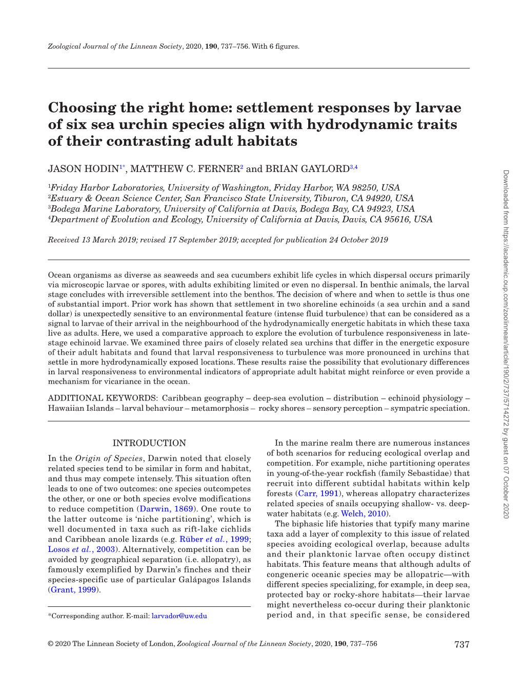 Settlement Responses by Larvae of Six Sea Urchin Species Align with Hydrodynamic Traits of Their Contrasting Adult Habitats