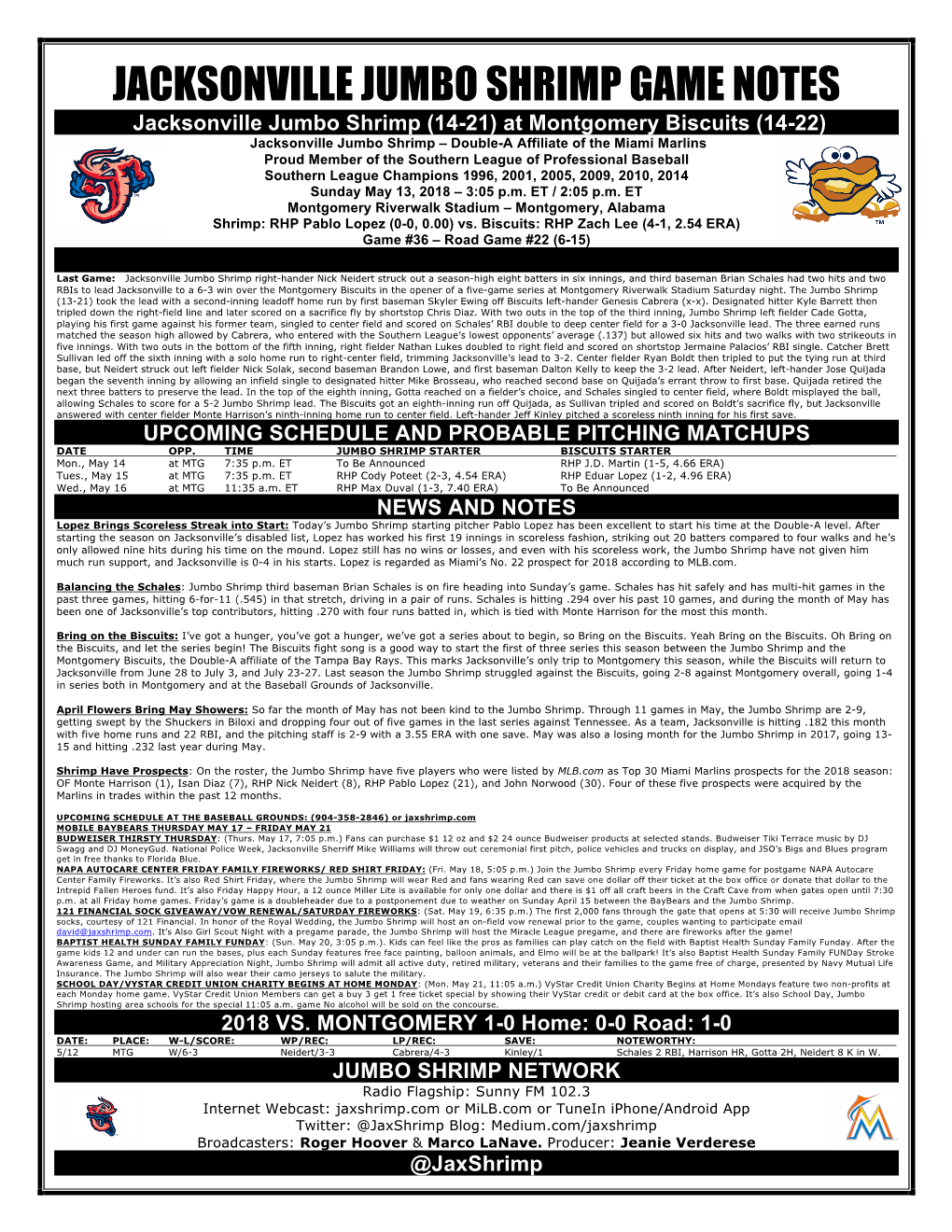 Jacksonville Jumbo Shrimp Game Notes