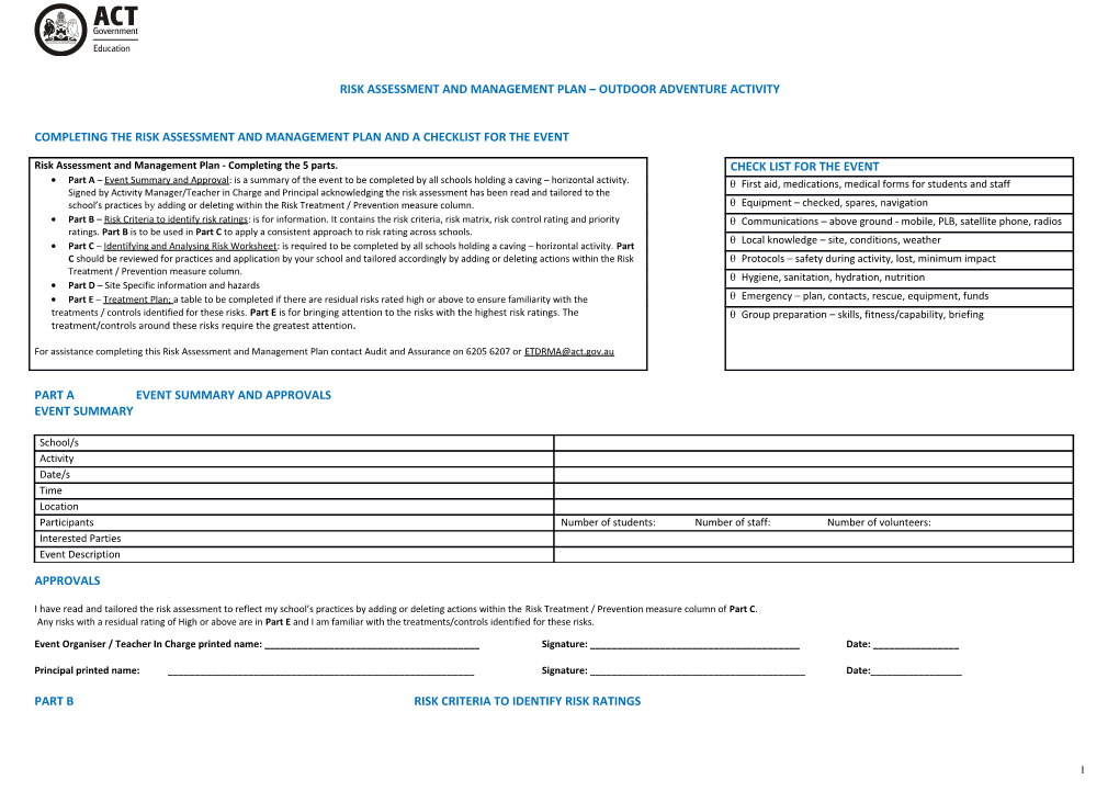 Risk Assessment and Management Plan OUTDOOR ADVENTURE ACTIVITY