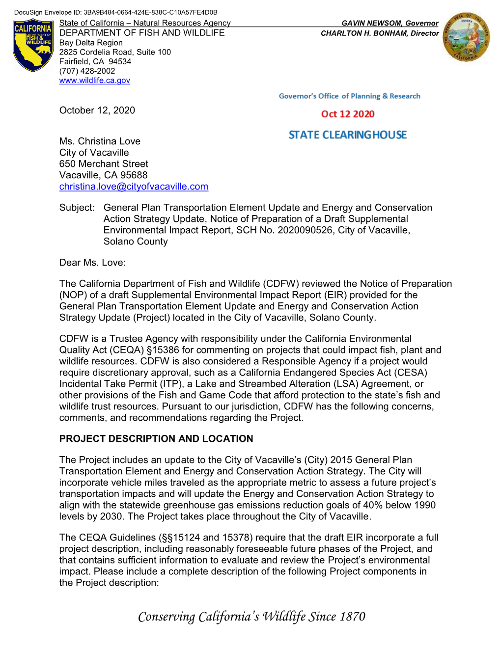 CDFW CEQA Comment Letter