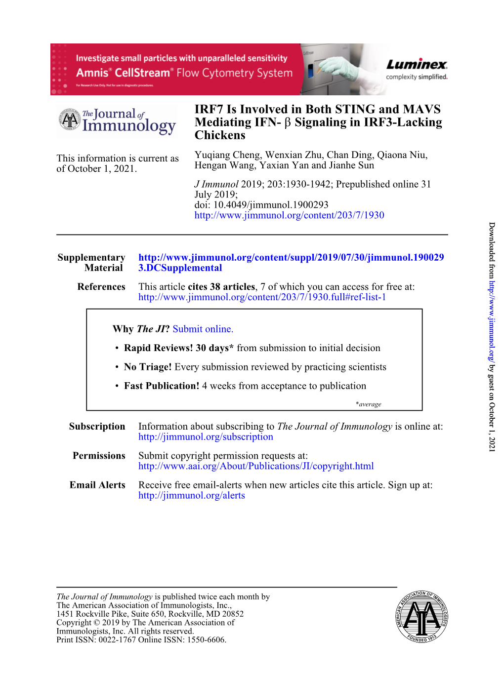 IRF7 Is Involved in Both STING and MAVS Mediating IFN-Β Signaling In