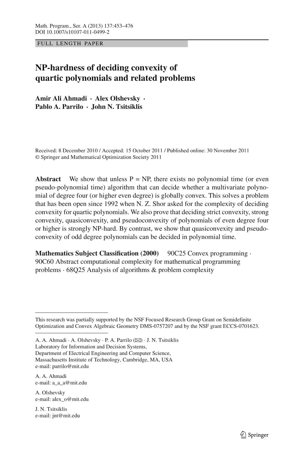 NP-Hardness of Deciding Convexity of Quartic Polynomials and Related Problems