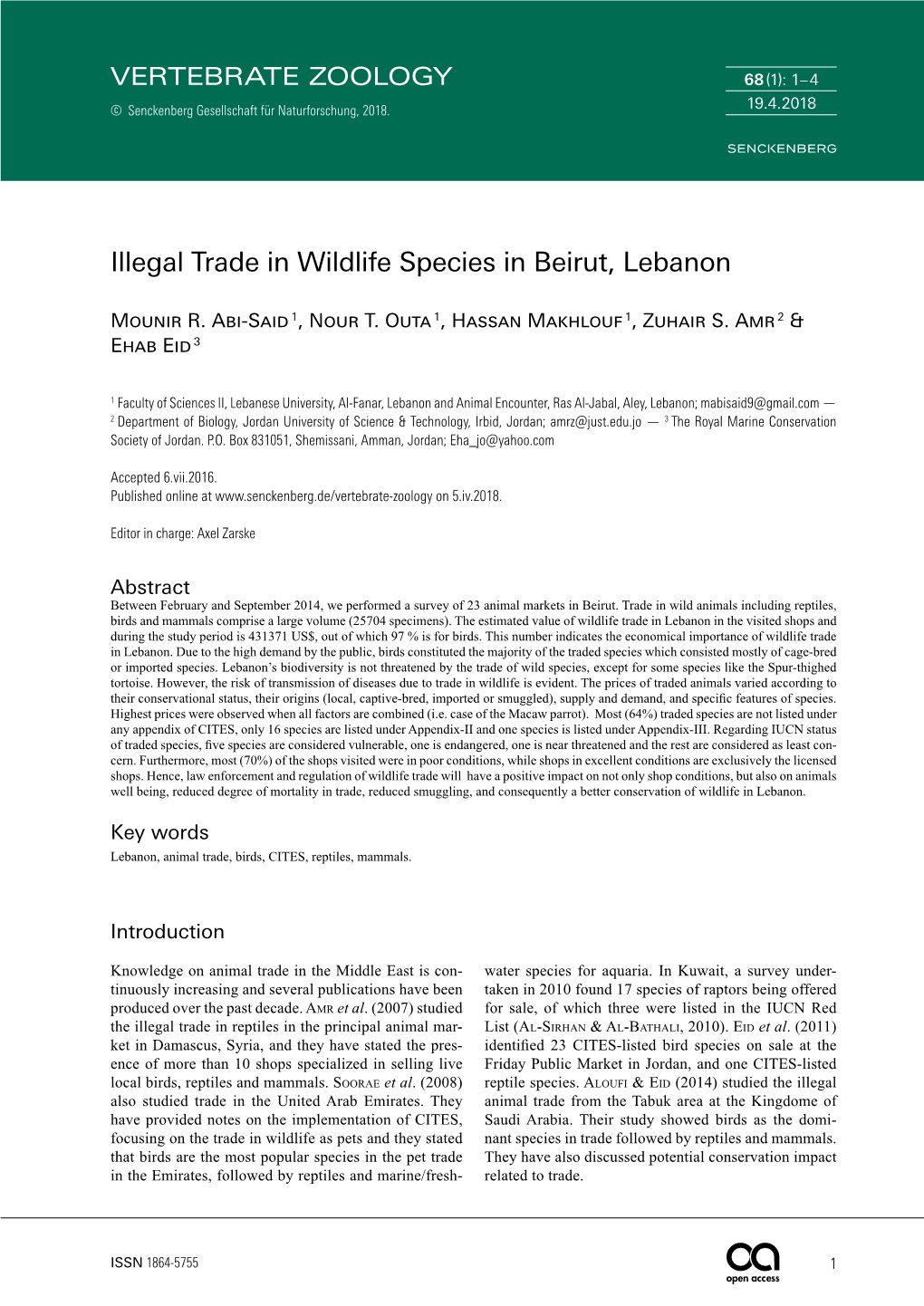 Illegal Trade in Wildlife Species in Beirut, Lebanon