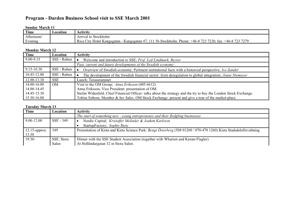 Program - Darden Business School Visit to SSE March 2001