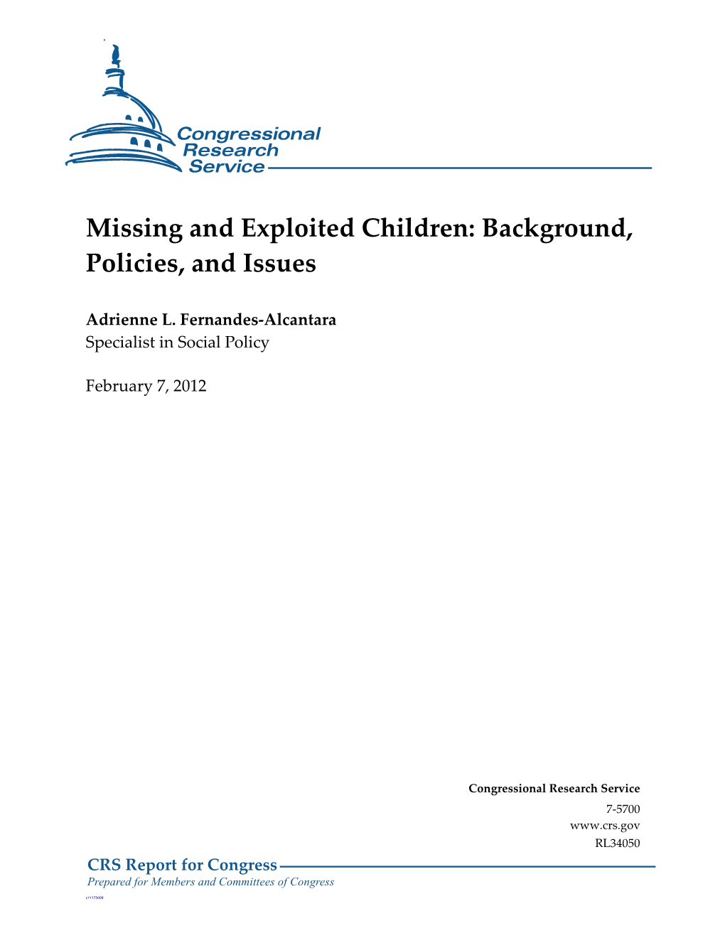 Missing and Exploited Children: Background, Policies, and Issues