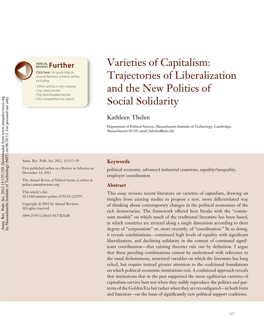 Varieties of Capitalism: Trajectories of Liberalization and the New Politics of Social Solidarity