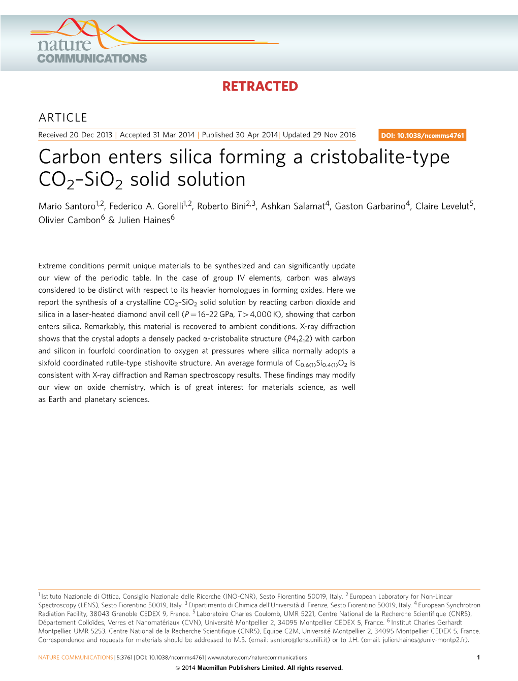 Carbon Enters Silica Forming a Cristobalite-Type CO2–Sio2 Solid Solution