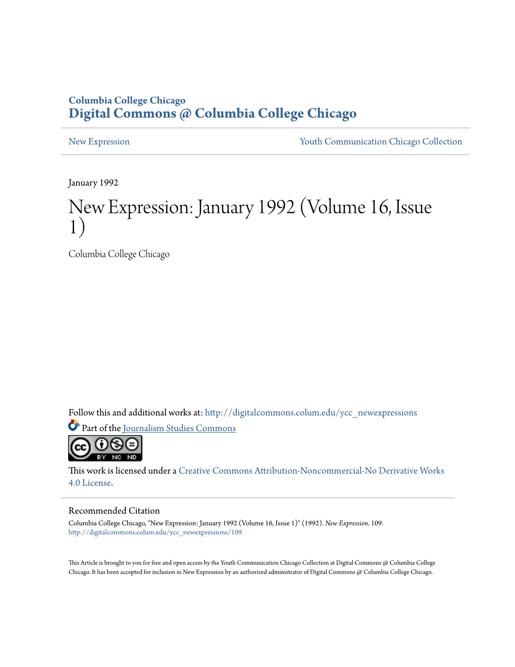 New Expression: January 1992 (Volume 16, Issue 1) Columbia College Chicago