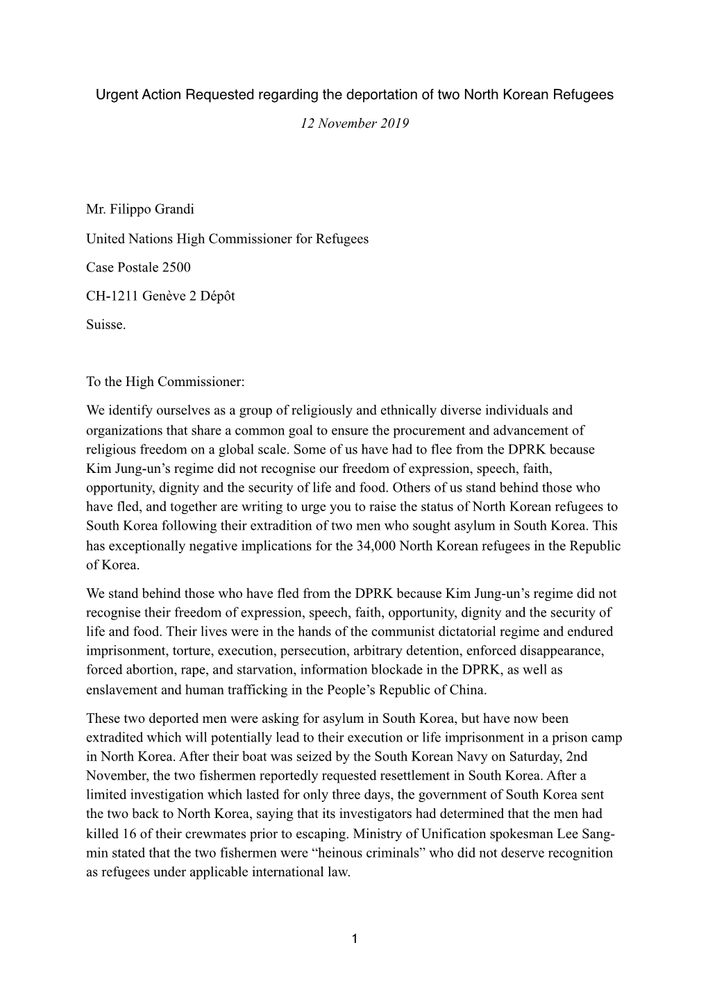 To UNHCR Letter for Release North Korean Refugees