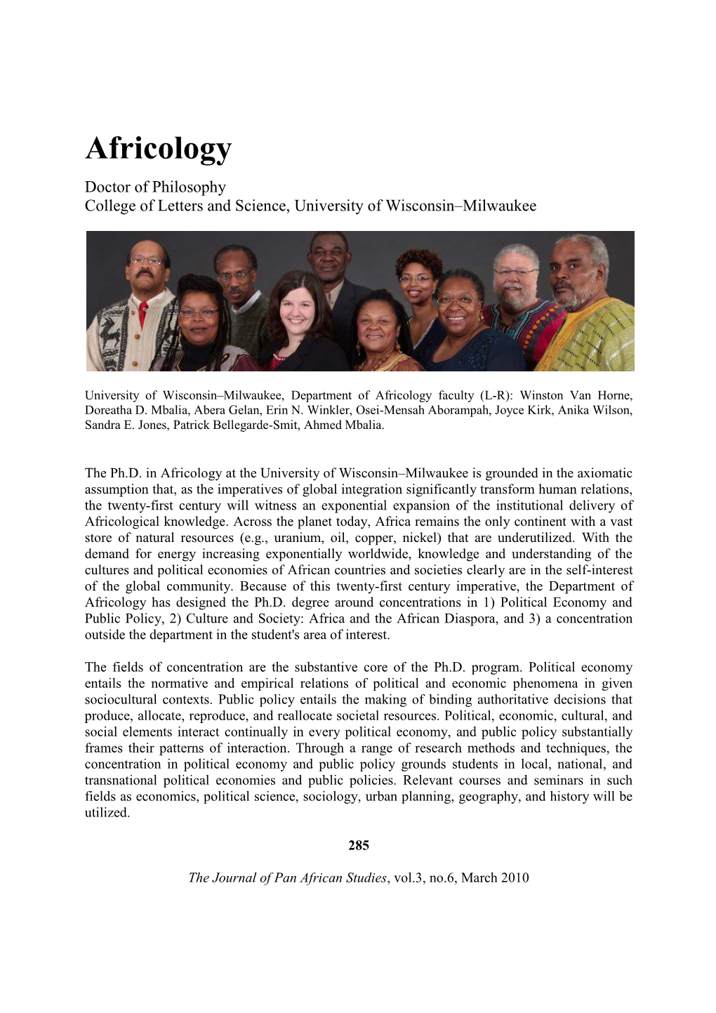 Africology Doctor of Philosophy College of Letters and Science, University of Wisconsin–Milwaukee