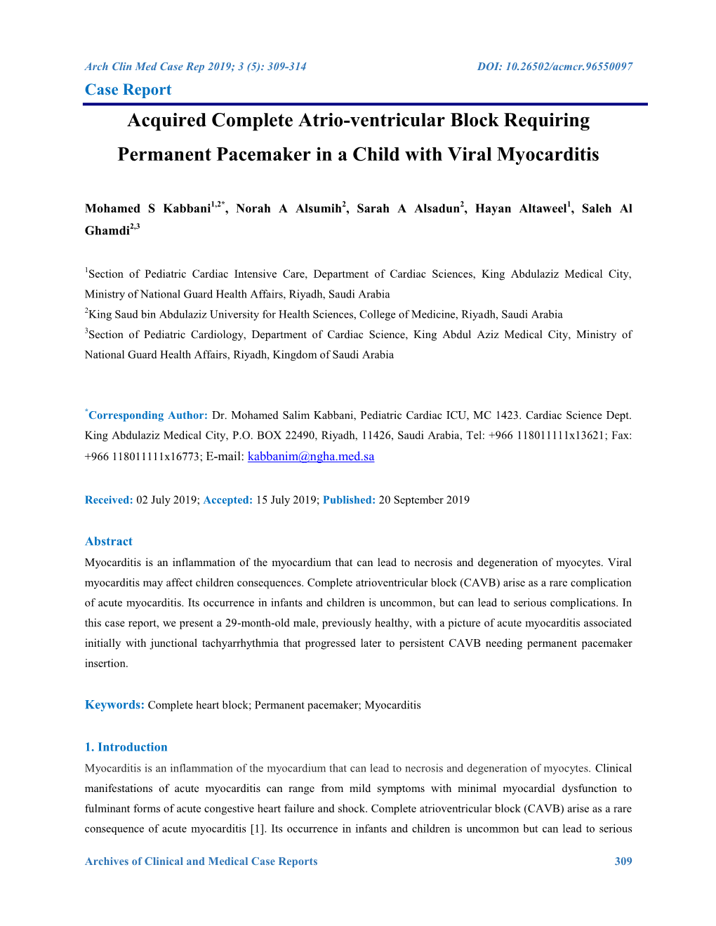 Acquired Complete Atrio-Ventricular Block Requiring Permanent Pacemaker in a Child with Viral Myocarditis