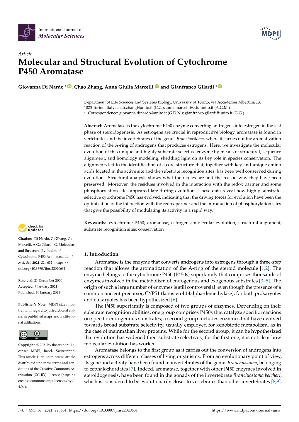 Molecular and Structural Evolution of Cytochrome P450 Aromatase