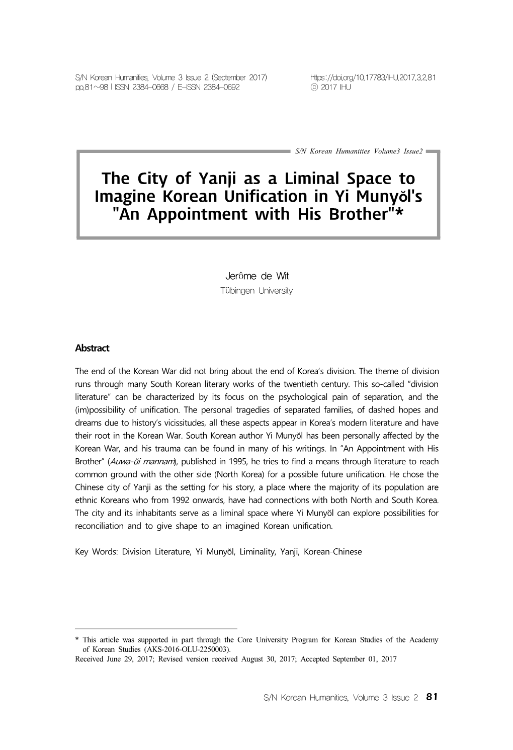 The City of Yanji As a Liminal Space to Imagine Korean Unification in Yi Munyŏl's "An Appointment with His Brother"*