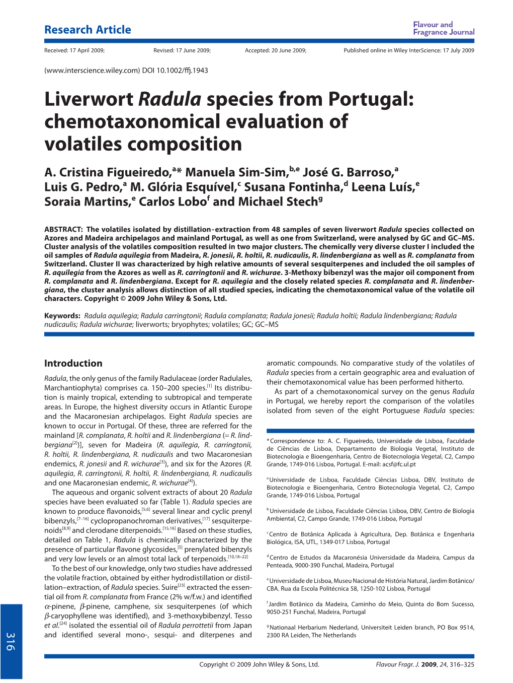 Liverwort Radula Species from Portugal: Chemotaxonomical Evaluation of Volatiles Composition A