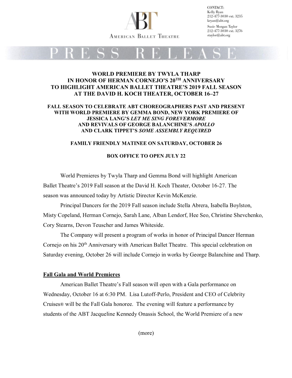 World Premiere by Twyla Tharp in Honor of Herman Cornejo’S 20Th Anniversary to Highlight American Ballet Theatre’S 2019 Fall Season at the David H