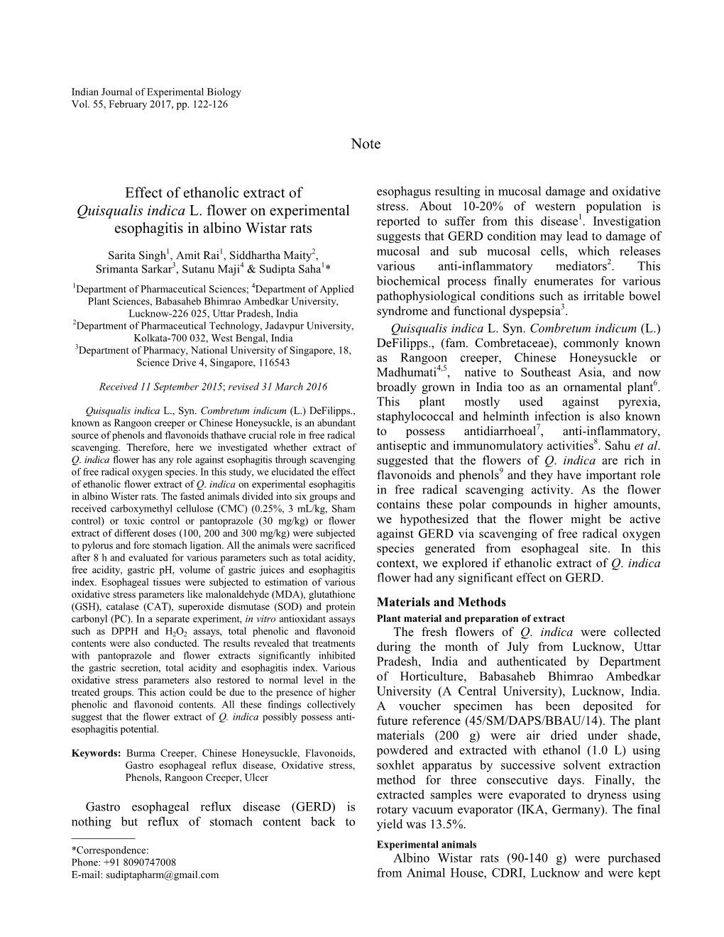 Note Effect of Ethanolic Extract of Quisqualis Indica L. Flower On