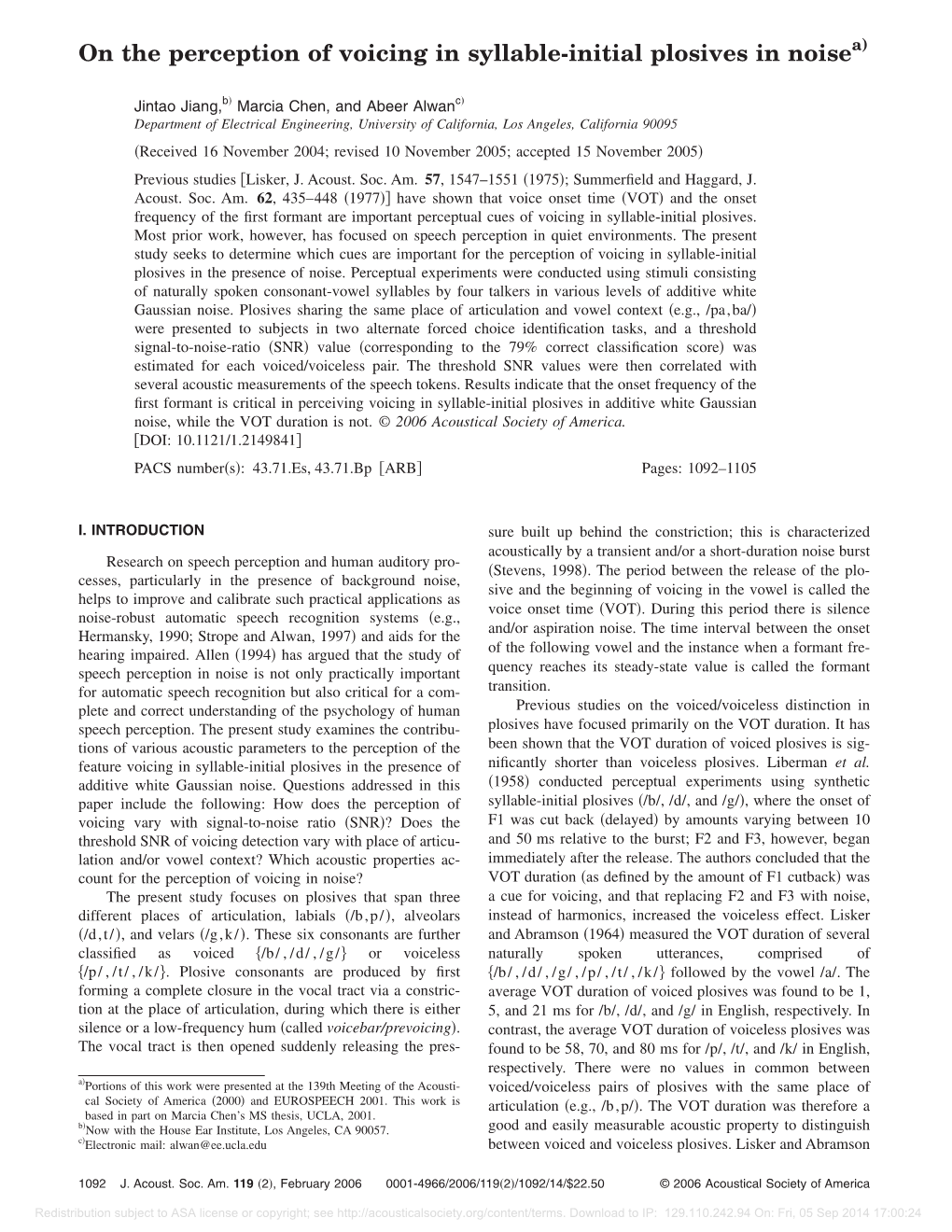 On the Perception of Voicing in Syllable-Initial Plosives in Noisea)