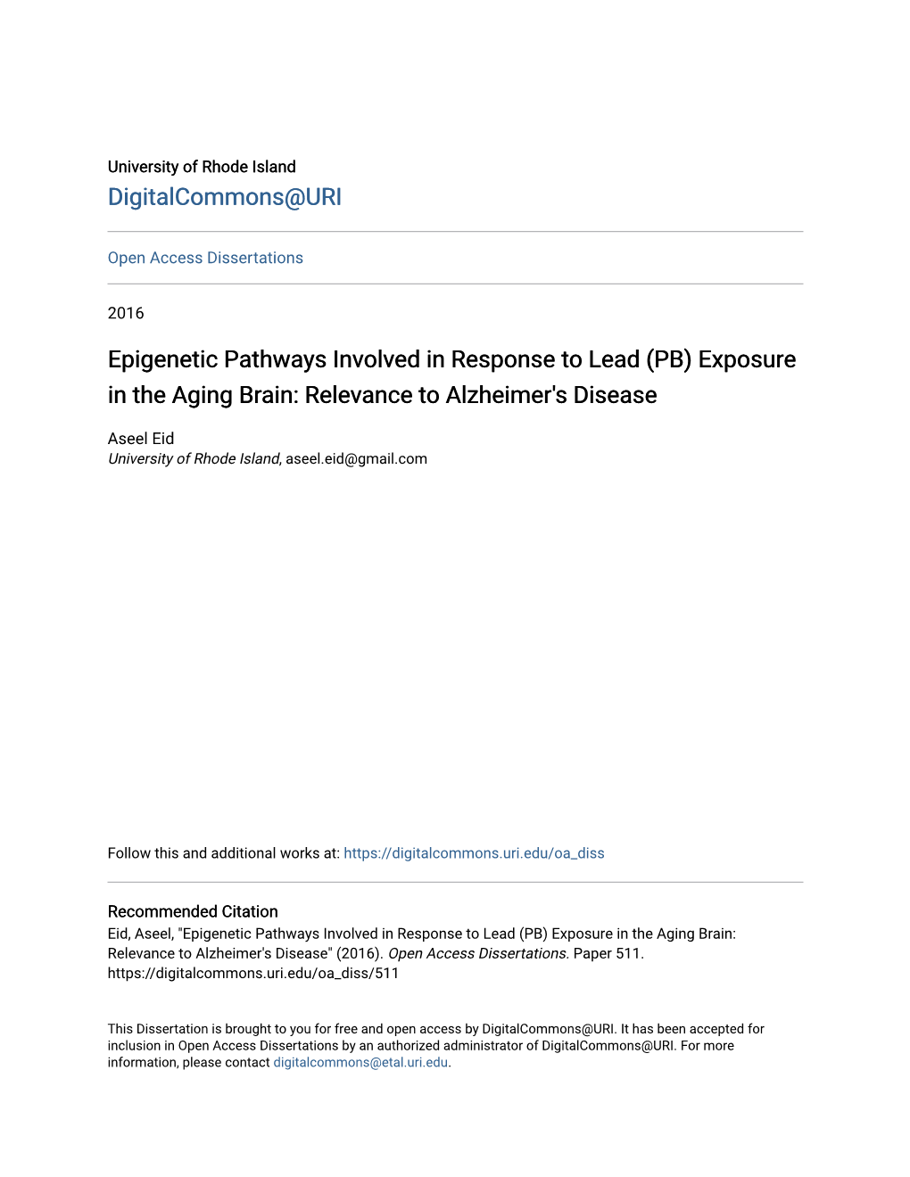 (PB) Exposure in the Aging Brain: Relevance to Alzheimer's Disease