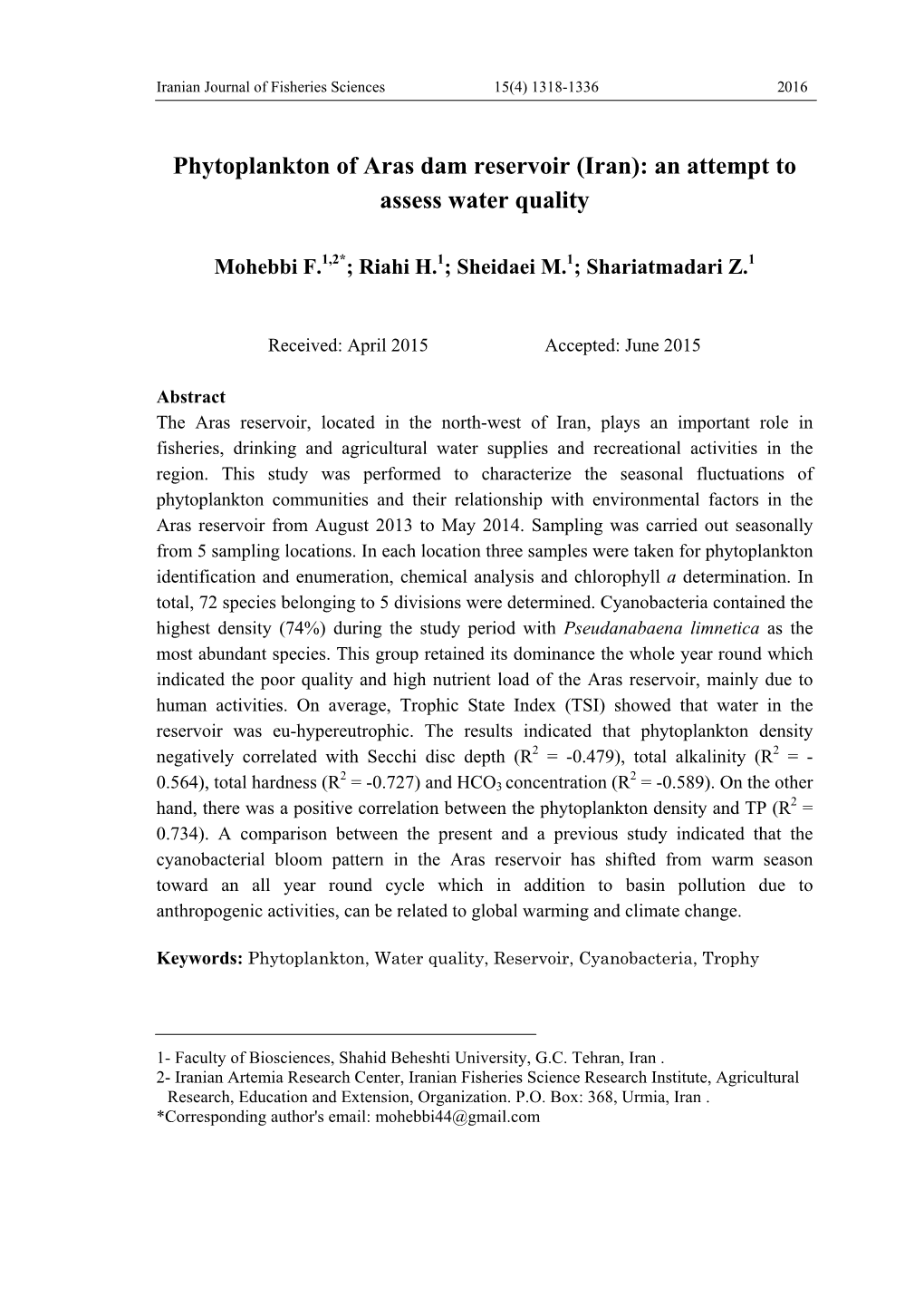 Phytoplankton of Aras Dam Reservoir (Iran): an Attempt to Assess Water Quality