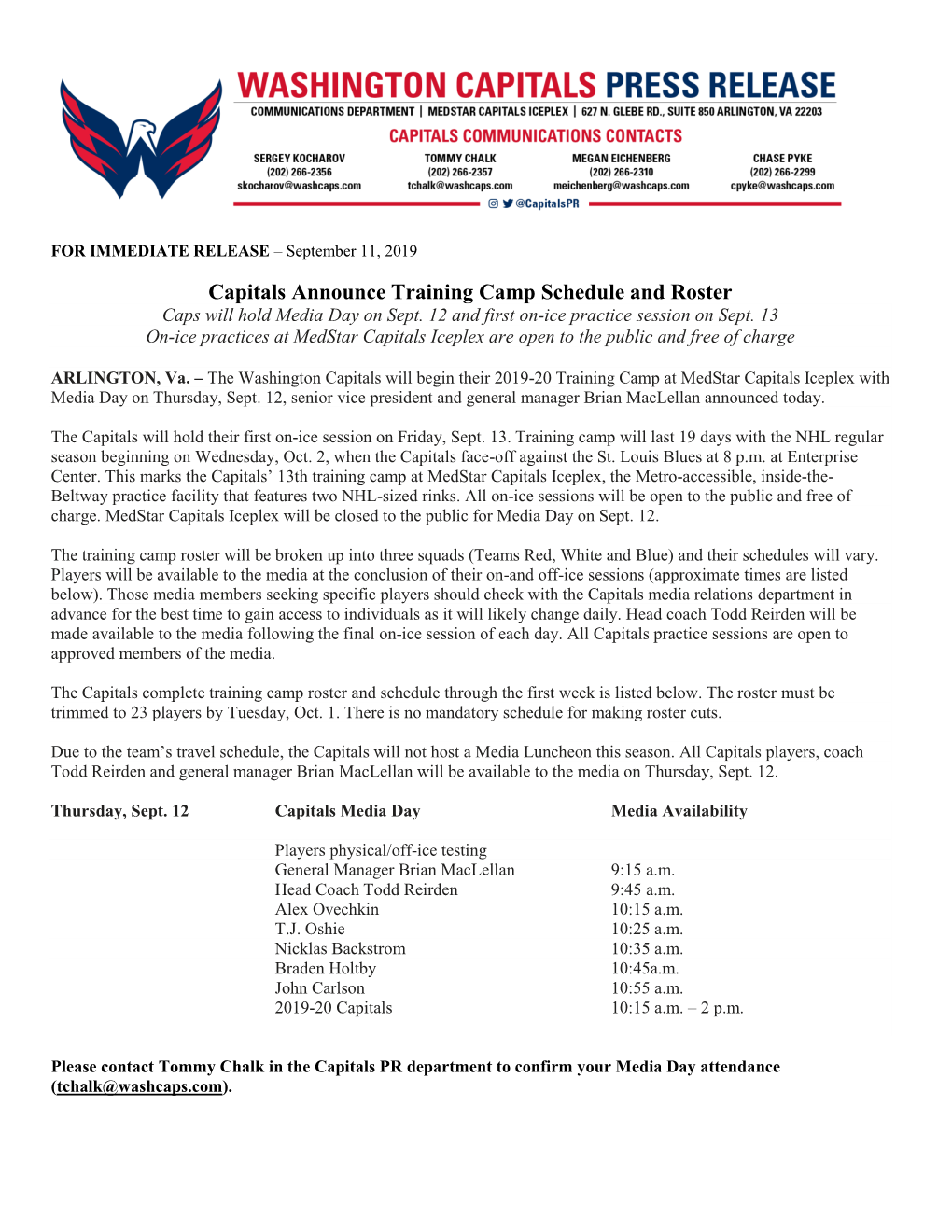 Capitals Announce Training Camp Schedule and Roster Caps Will Hold Media Day on Sept