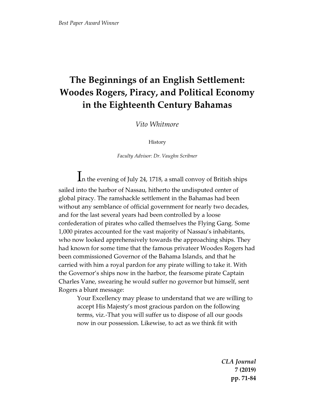 Woodes Rogers, Piracy, and Political Economy in the Eighteenth Century Bahamas