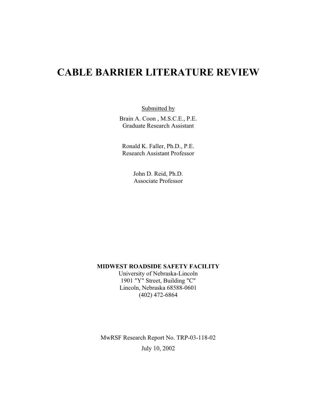 Cable Barrier Literature Review