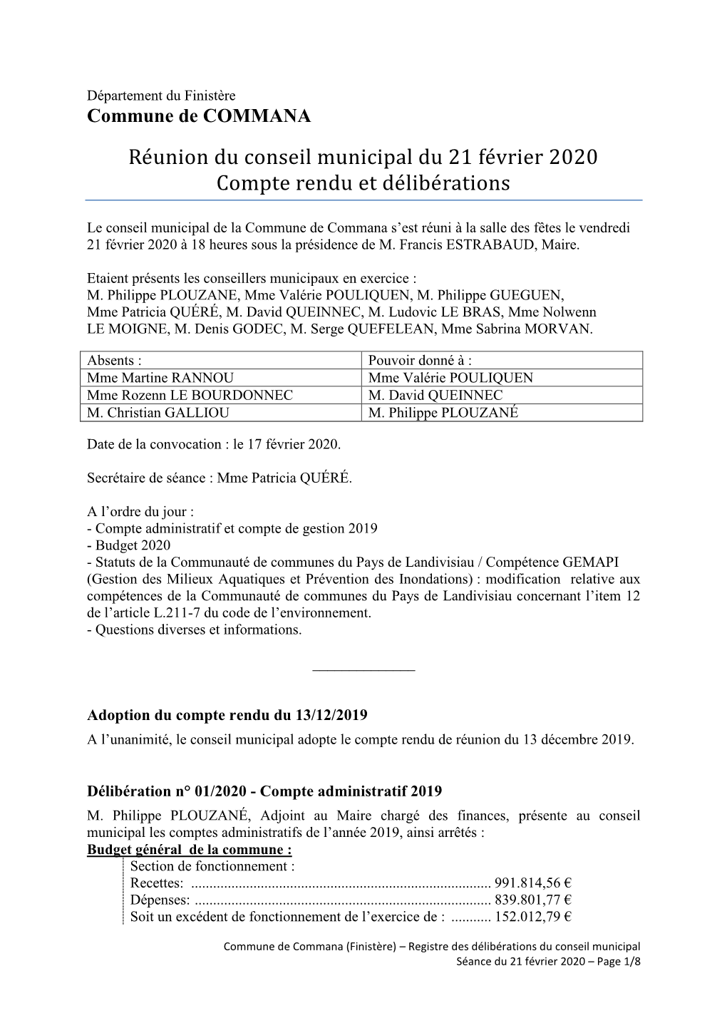 Ré Union Du Conséil Municipal Du 21 Fé Vriér 2020 Compté Réndu Ét Dé Libé Rations