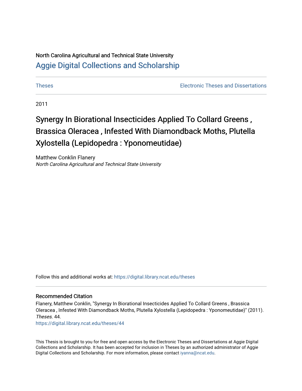 Synergy in Biorational Insecticides Applied to Collard Greens