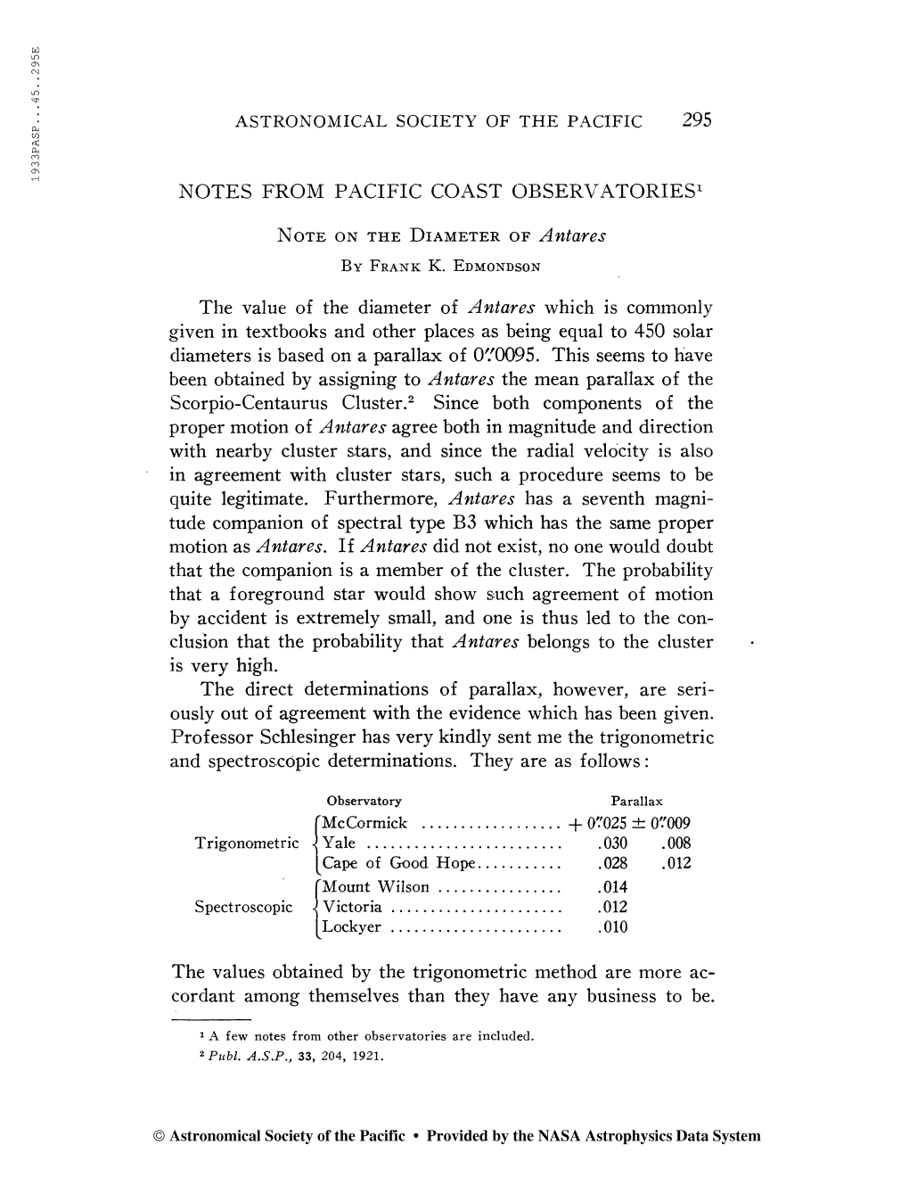 Astronomical Society of the Pacific 295 Notes From